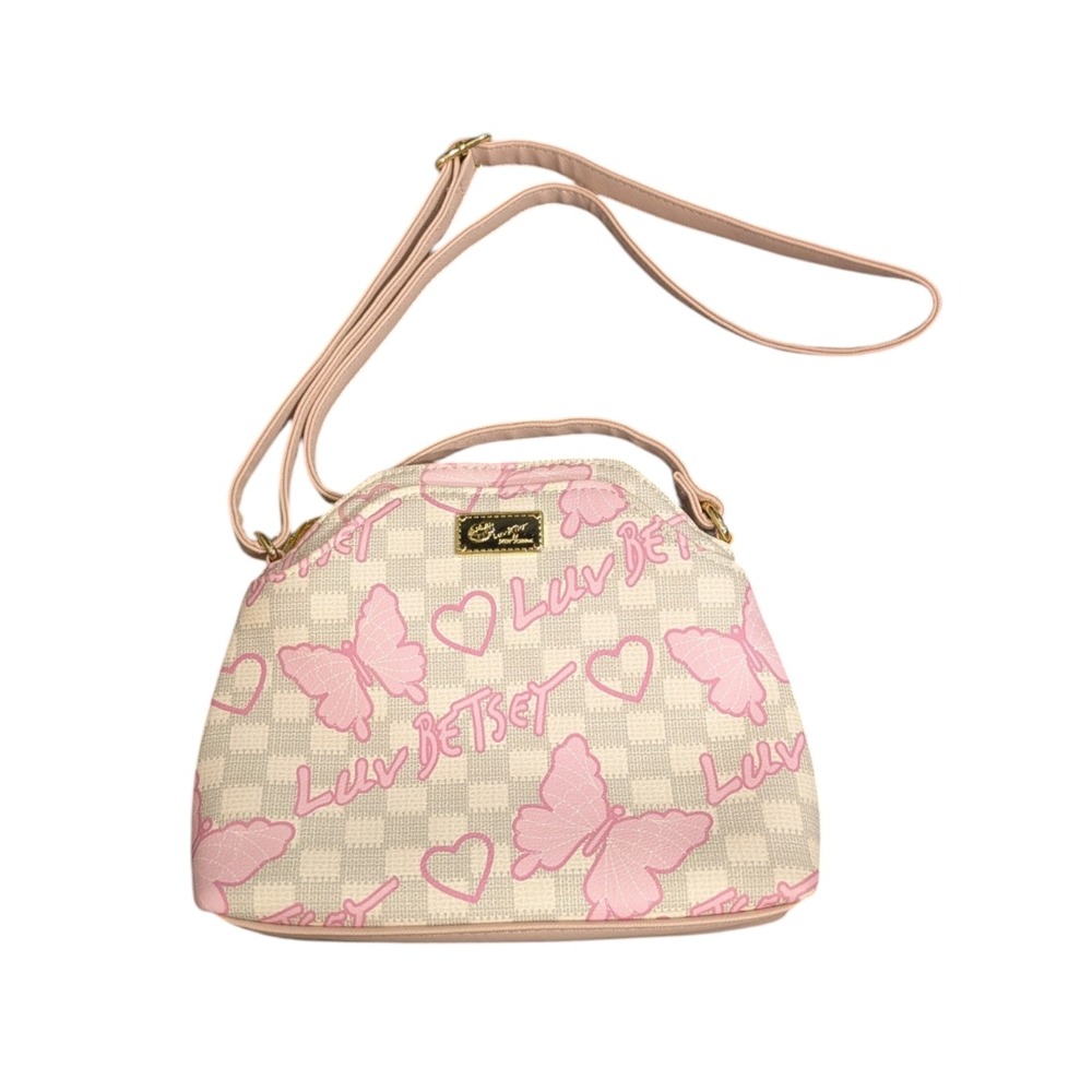 Luv Betsey Johnson Butterfly Checkerboard Dome Crossbody Bag Pink White Gold